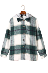 Green Hooded Plaid Button Front Shacket