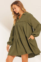 Load image into Gallery viewer, Puff Sleeve Dress | Green Frayed Trim Flared Dress
