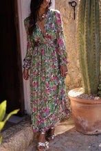 Load image into Gallery viewer, Green Floral Print Deep V Neck Ruched Cinched Waist Maxi Dress | Dresses/Floral Dresses
