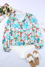 Load image into Gallery viewer, Sky Blue Floral Print Wrap Long Sleeve Bodysuit | Tops/Bodysuits
