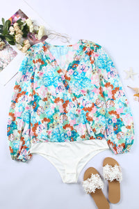 Sky Blue Floral Print Wrap Long Sleeve Bodysuit | Tops/Bodysuits