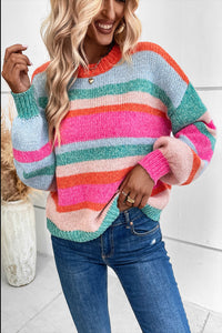 Multicolor Striped Knit Drop Shoulder Puff Sleeve Sweater | Tops/Sweaters & Cardigans