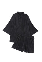 Load image into Gallery viewer, Black 3/4 Sleeves Pleated Shirt and High Waist Shorts Lounge Set | Two Piece Sets/Short Sets
