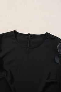 Half Sleeve Blouse | Black Contrast Applique Mesh Top