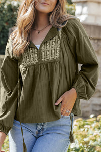 Pleated Loose Blouse | Green Embroidered Split Neck