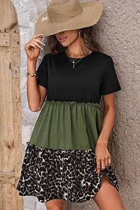 Jungle Green Leopard Print Colorblock Frill Trim T-shirt Dress | Dresses/T Shirt Dresses