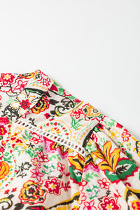 Puff Sleeve Shirt | Multicolor Floral Print Lace Splicing Button up