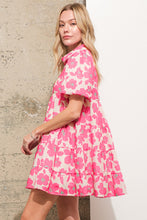 Load image into Gallery viewer, Pink Floral Tiered Puff Sleeve Mini Shirt Dress
