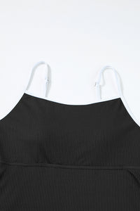 Black Sporty Ribbed Spaghetti Straps One Piece Swimdress | Swimwear/Swim Dresses