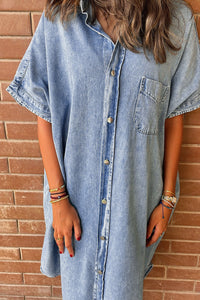 Light Blue Loose Medium Wash Short Sleeve Shirt Chambray Dress | Dresses/Midi Dresses