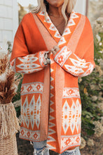 Load image into Gallery viewer, Open Knit Cardigan | Orange Printed Aztec Print Sweater
