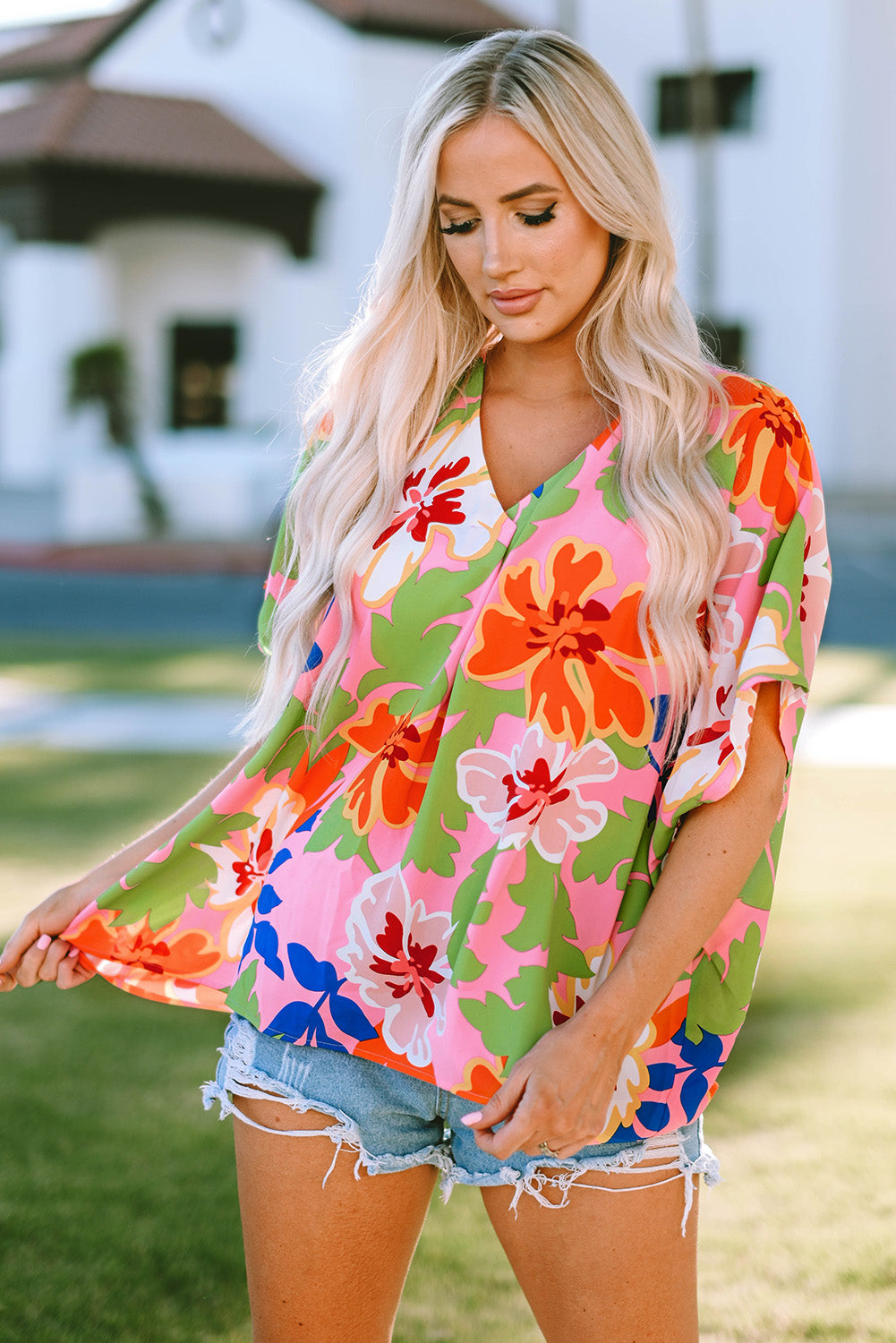 Pink Floral Print Loose Fit V Neck Tunic Blouse | Tops/Blouses & Shirts