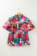 Load image into Gallery viewer, Rose Red Floral Print Puff Sleeve Notched V Neck Blouse | Tops/Blouses &amp; Shirts
