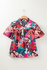 Rose Red Floral Print Puff Sleeve Notched V Neck Blouse | Tops/Blouses & Shirts