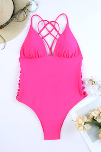 Rose Criss Cross Backless Deep V Neck One Piece Swimsuit | Swimwear/One Piece Swimsuit