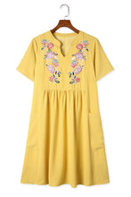 Load image into Gallery viewer, Yellow Split Neck Embroidered Floral Babydoll Swing Dress | Dresses/Floral Dresses
