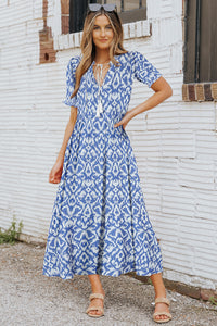 Sky Blue V Neck Casual Geometric Print Maxi Dress | Dresses/Maxi Dresses