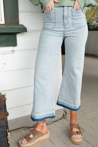 Beau Blue Acid Wash Contrast Edge Pocketed Cropped Jeans | Bottoms/Jeans