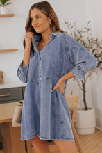 Load image into Gallery viewer, Sky Blue Buttoned Long Sleeve Denim Mini Dress | Dresses/Mini Dresses
