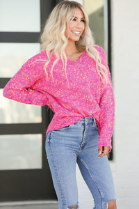 Dark Pink Colorful Spots Knitted V Neck Casual Sweater | Tops/Sweaters & Cardigans