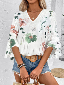 Ruffled Top | Printed V-Neck Half Sleeve Blouse