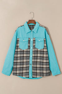 Sky Blue Plaid Patchwork Pockets Denim Jacket | Outerwear/Denim jackets