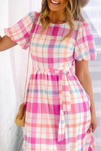 Load image into Gallery viewer, Puff Sleeve Midi Dress | Pink Checkered Belted Midi Dress
