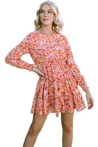 Printed Floral Long Sleeve Frill Tiered Mini Dress