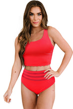 Load image into Gallery viewer, Fiery Red Scalloped Criss Cross High Waist Bikini
