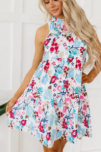 White Frill Mock Neck Sleeveless Tiered Floral Dress | Dresses/Floral Dresses