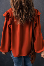 Load image into Gallery viewer, Orange Ruffled Pleated Buttoned V Neck Blouse | Tops/Blouses &amp; Shirts
