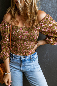 Off Shoulder Blouse | Green Floral Print Shirred 3/4 Sleeve