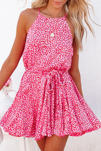 Pink Leopard Print Sleeveless Mini Dress with Waist Tie | Dresses/Mini Dresses