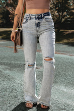 Load image into Gallery viewer, Light Blue Distressed Light Washed Slit Knee Flared Jeans | Bottoms/Jeans
