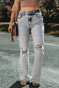 Light Blue Distressed Light Washed Slit Knee Flared Jeans | Bottoms/Jeans