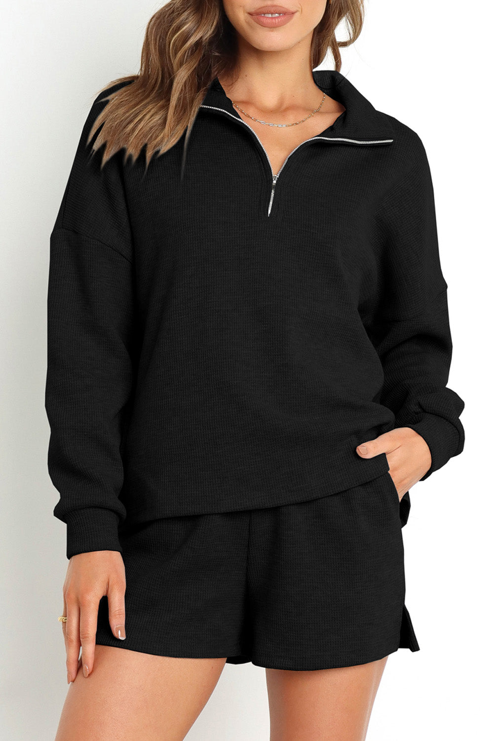 Black Ribbed Zipper Sweatshirt and High Waist Shorts Set | Two Piece Sets/Short Sets