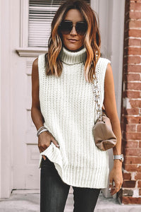 Turtleneck Sweater Vest | White Knitted Slit Hem Sweater