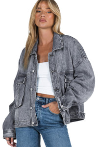 Loose Denim Jacket | Gray Chest Pockets Drop Shoulder Jacket