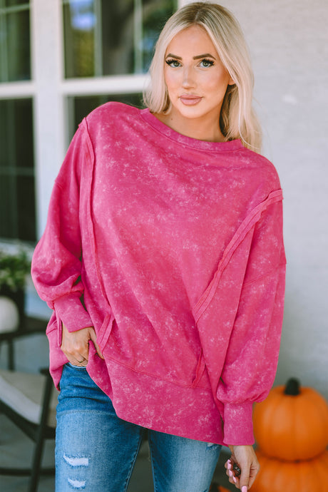 Rose Acid Wash Relaxed Fit Seamed Pullover Sweatshirt with Slits | Tops/Sweatshirts & Hoodies