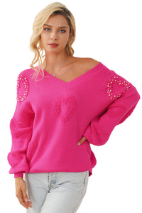 Rose Red Fuzzy Hearts V Neck Sweater