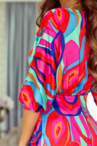 Multicolor Abstract Printed V Neck Dolman Sleeve Ruffle Wrap Dress | Dresses/Mini Dresses