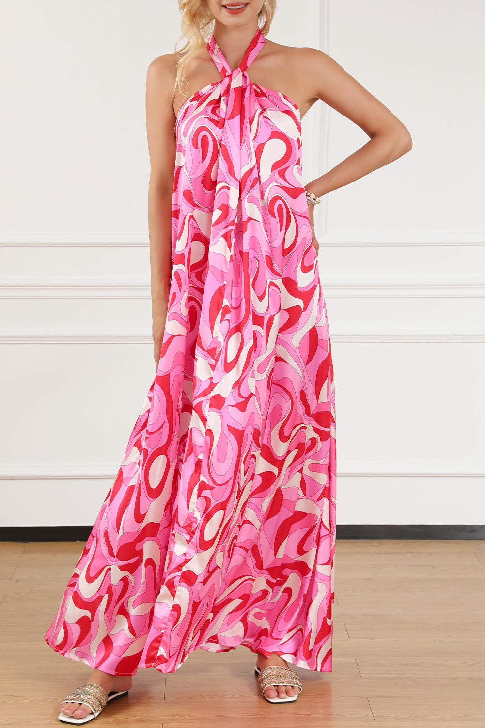 Pink Abstract Swirl Print Halter Maxi Dress | Dresses/Maxi Dresses