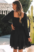 Load image into Gallery viewer, Black Bishop Sleeve Smocked Tiered Mini Dress | Dresses/Mini Dresses
