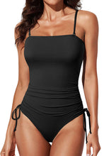 Load image into Gallery viewer, Black Ribbed Drawstring Sides Cutout One Piece Swimsuit | Swimwear/One Piece Swimsuit
