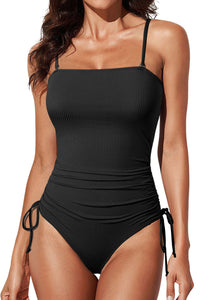 Black Ribbed Drawstring Sides Cutout One Piece Swimsuit | Swimwear/One Piece Swimsuit