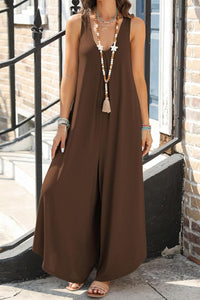 Womens Jumpsuit-Pocketed Scoop Neck Wide Leg Jumpsuit