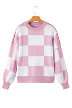 Load image into Gallery viewer, Checkered Sweater | Pink Bishop Sleeve Sweater
