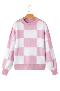 Checkered Sweater | Pink Bishop Sleeve Sweater