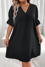 Load image into Gallery viewer, Plus Size Mini Dress | Black Solid Ruffled Puff Sleeve V Neck
