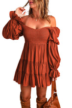 Load image into Gallery viewer, Brown Boho Solid Shirred Ruffle Mini Dress | Dresses/Mini Dresses
